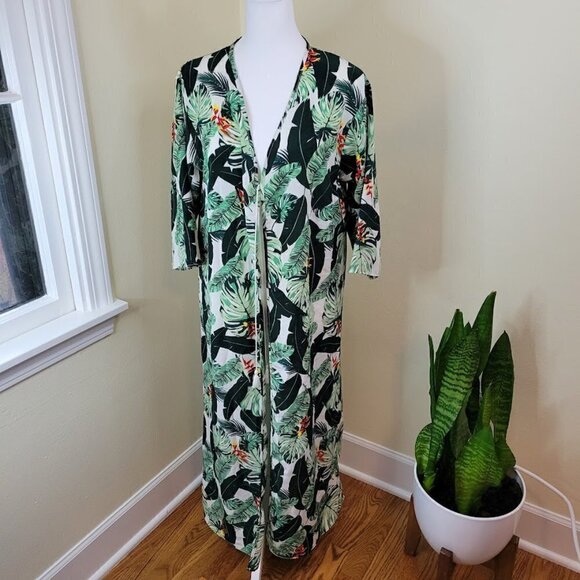 Rachel Zoe Tropical Print Maxi Kimono Swim Suit Beach Cover-Up Duster One Size - Picture 2 of 14